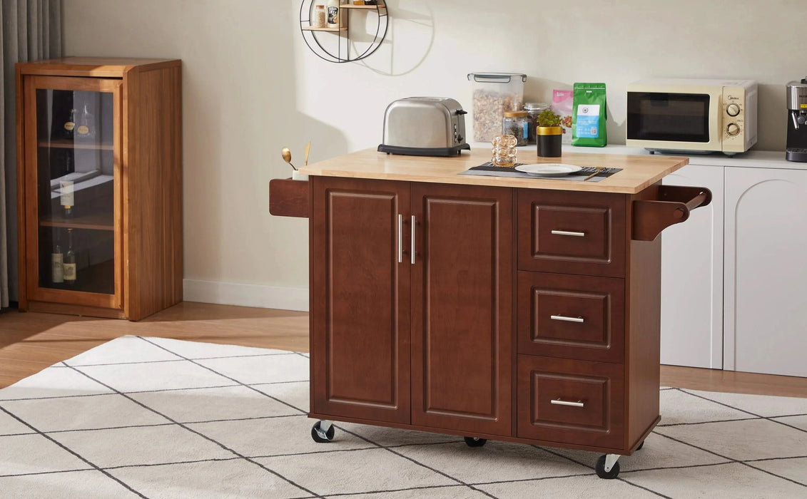 54 inch Portable Wooden Kitchen Island Cart Large Capacity with 3 drawers Drop-Leaf Table Spice Rack & Towel Rack for Small Spaces. Default -DTYStore