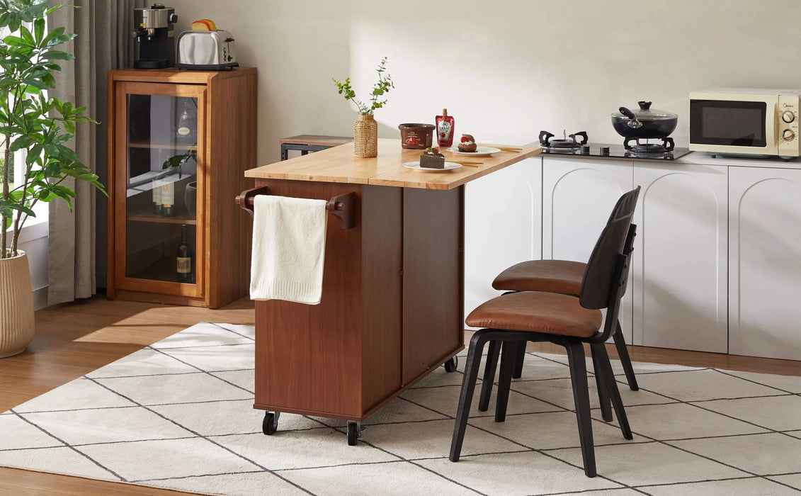 54 inch Portable Wooden Kitchen Island Cart Large Capacity with 3 drawers Drop-Leaf Table Spice Rack & Towel Rack for Small Spaces. Default -DTYStore