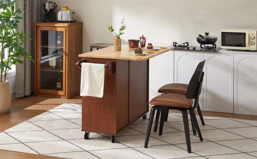 54 inch Portable Wooden Kitchen Island Cart Large Capacity with 3 drawers Drop-Leaf Table Spice Rack & Towel Rack for Small Spaces. Default -DTYStore