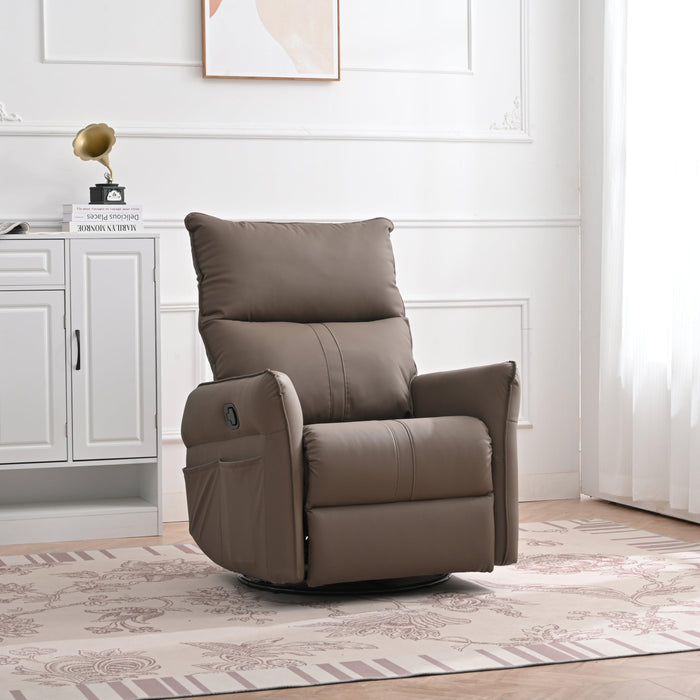 PU Rocking Recliner Chair,360° Swivel Nursery Rocking Chair,Glider Chair,Modern Small Rocking Swivel Recliner Chair for Bedroom,Living Room Chair Home Theater Seating,Side Pocket(Brown+360° Swivel) - DTYStore