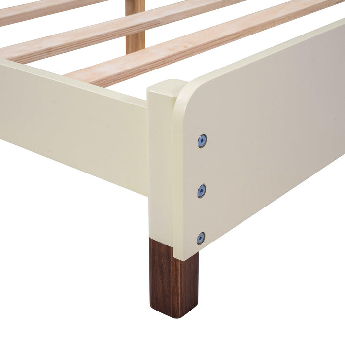 Full Size Wood Platform Bed with House-shaped Headboard (Cream+Walnut) - DTYStore