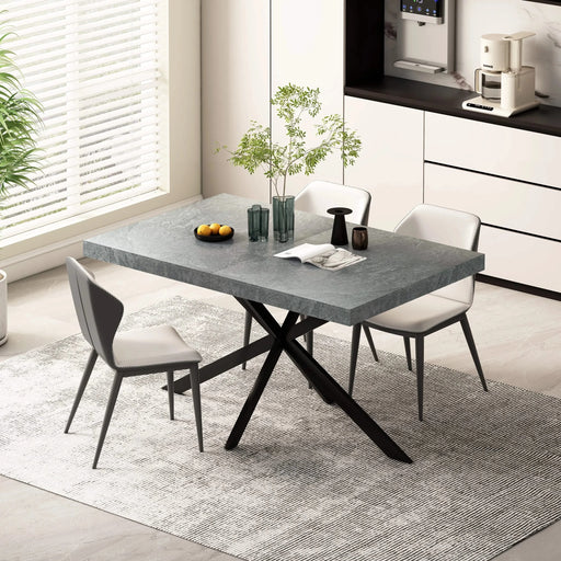 55.11' -70.86'Retro Rectangular Stretch Dining Table,Dark Grey stone Top And Black Relief Plate, Black Fine Sand Cross Iron Foot Base Dining Table, With Storage Box. Default -DTYStore