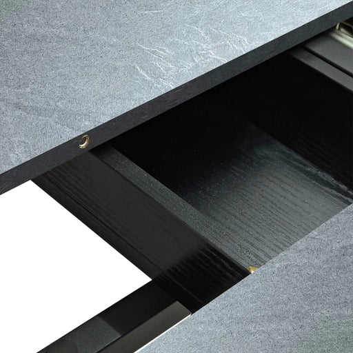 55.11' -70.86'Retro Rectangular Stretch Dining Table,Dark Grey stone Top And Black Relief Plate, Black Fine Sand Cross Iron Foot Base Dining Table, With Storage Box. Default -DTYStore