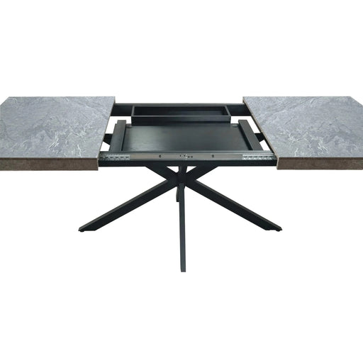 55.11' -70.86'Retro Rectangular Stretch Dining Table,Dark Grey stone Top And Black Relief Plate, Black Fine Sand Cross Iron Foot Base Dining Table, With Storage Box. Default -DTYStore