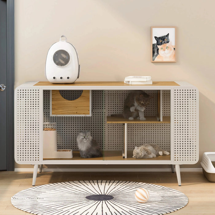 55.12 'Spacious Cat House with Tempered Glass, for Living Room, Hallway, Study and Other Spaces (White) Default -DTYStore