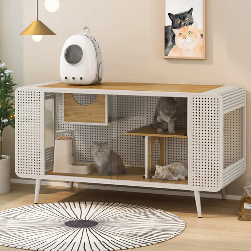 55.12 'Spacious Cat House with Tempered Glass, for Living Room, Hallway, Study and Other Spaces (White) Default -DTYStore