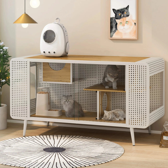 55.12 'Spacious Cat House with Tempered Glass, for Living Room, Hallway, Study and Other Spaces (White) Default -DTYStore