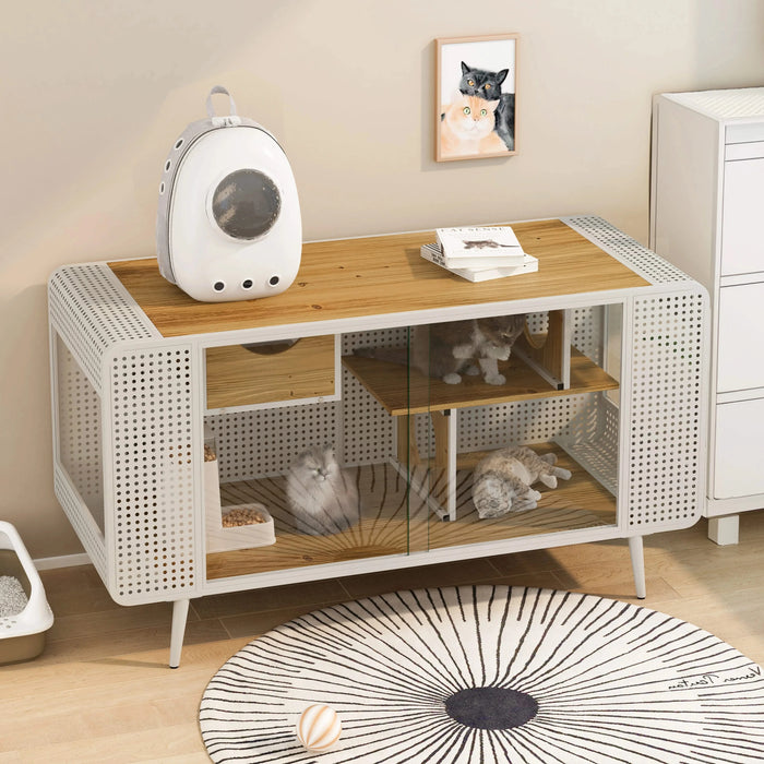 55.12 'Spacious Cat House with Tempered Glass, for Living Room, Hallway, Study and Other Spaces (White) Default -DTYStore