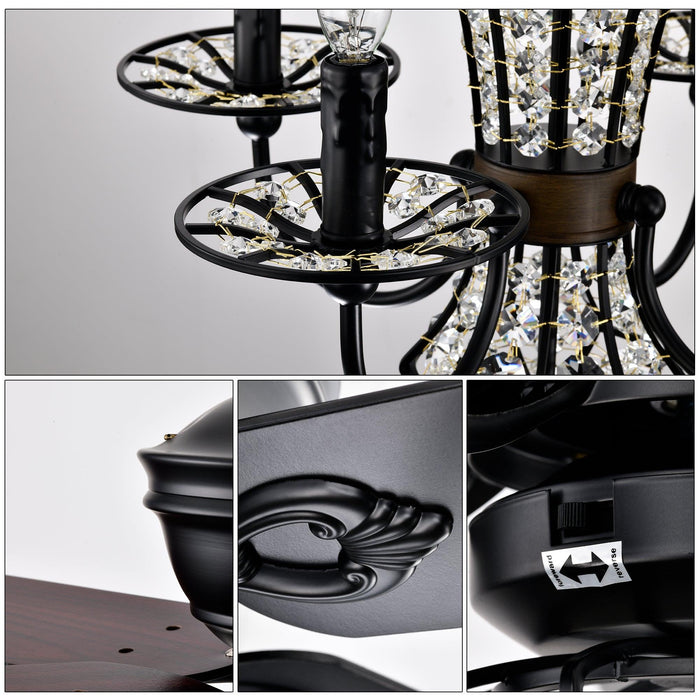 52 Inch Crystal Chandelier Fan with Lights and Remote Control, Modern Ceiling Fan with Dual Finish Reversible Blades, Fandelier for Living Room, Dining Room, Bedroom, Family Room, Matte Black
