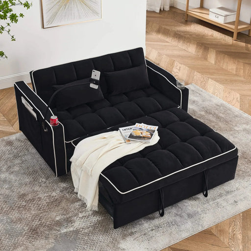 55.51 inch versatile foldable sofa bed in 3 lengths, modern sofa sofa sofa velvet pull-out bed, adjustable back and with USB port and ashtray and swivel phone stand (Black) Default -DTYStore