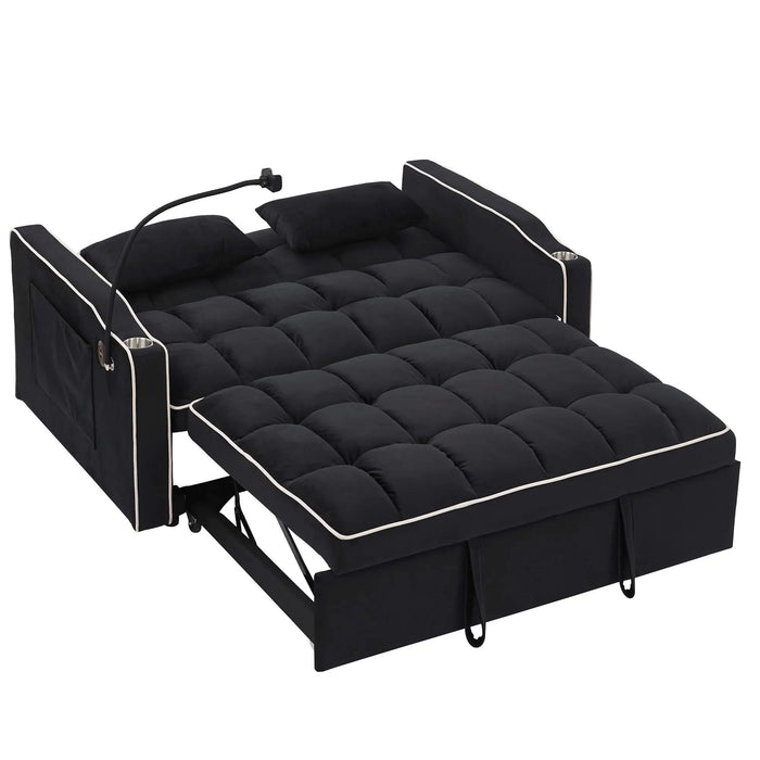 55.51 inch versatile foldable sofa bed in 3 lengths, modern sofa sofa sofa velvet pull-out bed, adjustable back and with USB port and ashtray and swivel phone stand (Black) Default -DTYStore