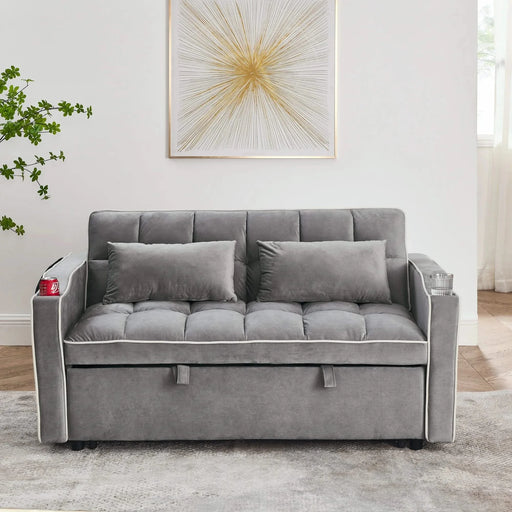 55.51 inch versatile foldable sofa bed in 3 lengths, modern sofa sofa sofa velvet pull-out bed, adjustable back and with USB port and ashtray and swivel phone stand (Grey) Default -DTYStore