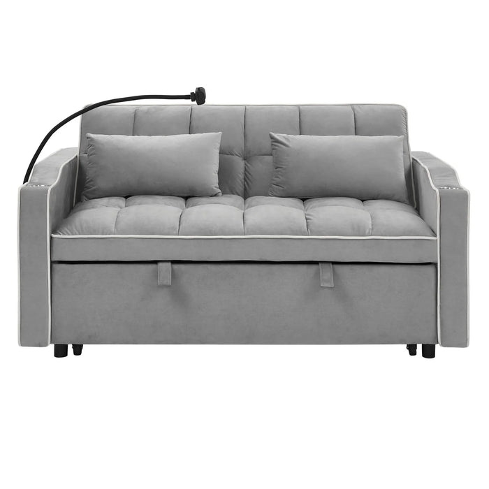 55.51 inch versatile foldable sofa bed in 3 lengths, modern sofa sofa sofa velvet pull-out bed, adjustable back and with USB port and ashtray and swivel phone stand (Grey) Default -DTYStore