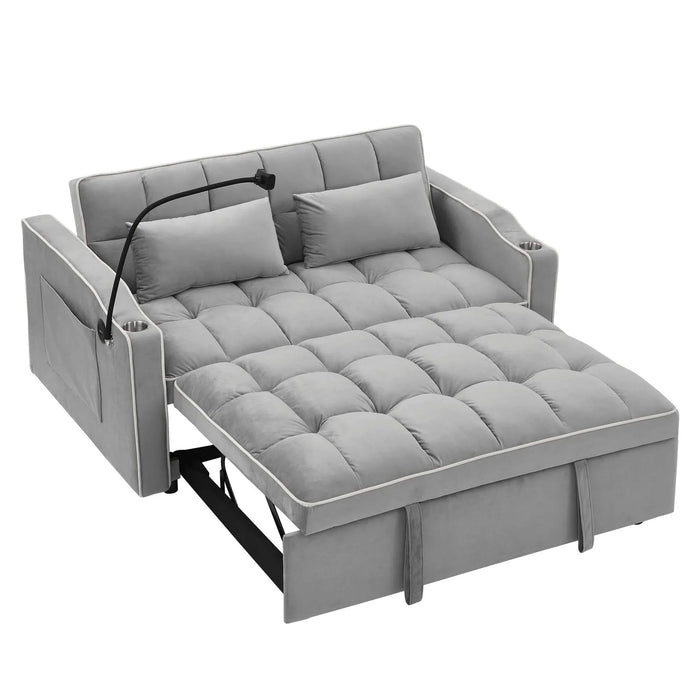 55.51 inch versatile foldable sofa bed in 3 lengths, modern sofa sofa sofa velvet pull-out bed, adjustable back and with USB port and ashtray and swivel phone stand (Grey) Default -DTYStore