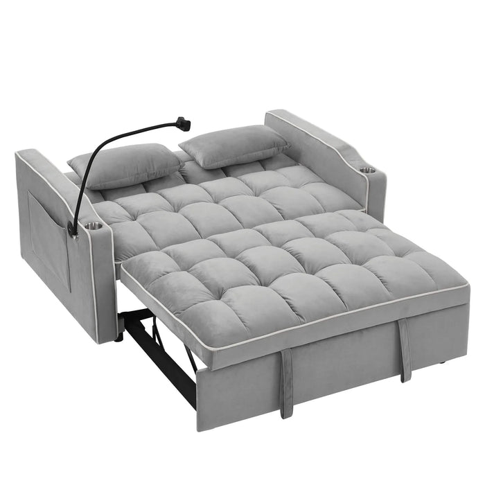 55.51 inch versatile foldable sofa bed in 3 lengths, modern sofa sofa sofa velvet pull-out bed, adjustable back and with USB port and ashtray and swivel phone stand (Grey) Default -DTYStore