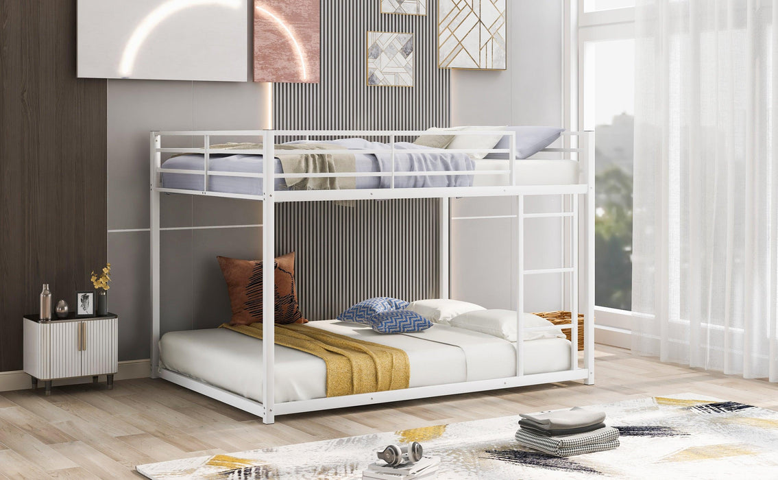 Full over Full Metal Bunk Bed, Low Bunk Bed with Ladder, White