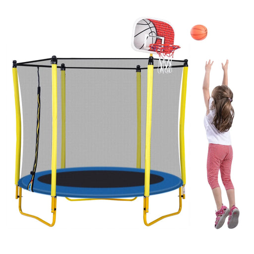 5.5FT Trampoline for Kids - 65' Outdoor & Indoor Mini Toddler Trampoline with Enclosure, Basketball Hoop and Ball Included - DTY Store