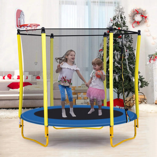 5.5FT Trampoline for Kids - 65' Outdoor & Indoor Mini Toddler Trampoline with Enclosure, Basketball Hoop and Ball Included Default -DTYStore