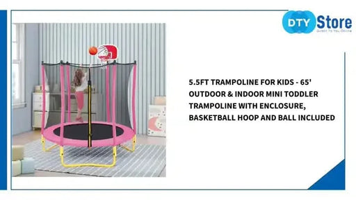 5.5FT Trampoline for Kids - 65' Outdoor & Indoor Mini Toddler Trampoline with Enclosure, Basketball Hoop and Ball Included Default -DTYStore
