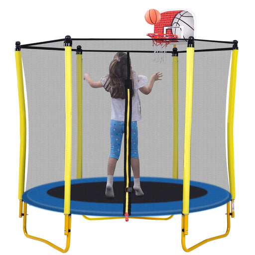 5.5FT Trampoline for Kids - 65' Outdoor & Indoor Mini Toddler Trampoline with Enclosure, Basketball Hoop and Ball Included Default -DTYStore