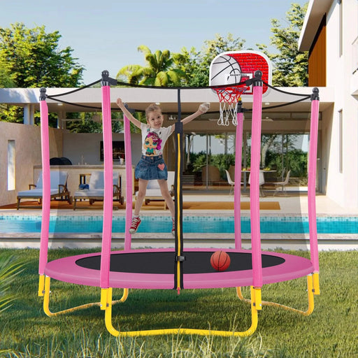 5.5FT Trampoline for Kids - 65' Outdoor & Indoor Mini Toddler Trampoline with Enclosure, Basketball Hoop and Ball Included Default -DTYStore