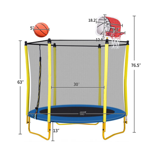 5.5FT Trampoline for Kids - 65' Outdoor & Indoor Mini Toddler Trampoline with Enclosure, Basketball Hoop and Ball Included Default -DTYStore