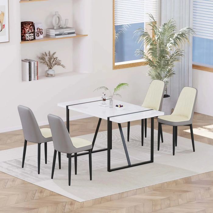 55 '4-person modern MDF dining table set, kitchen black metal leg dining table and chair set, industrial rectangular white tabletop and dining room thick padded PU dining chairs Default -DTYStore