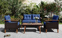 GO 4-Piece Garden Furniture, Patio Seating Set, PE Rattan Outdoor Sofa Set, Wood Table and Legs, Brown and Blue - DTYStore