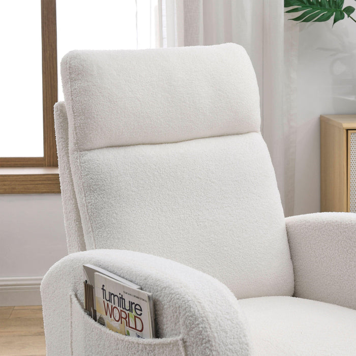 27.6"W Modern Accent High Backrest Living Room Lounge Arm Rocking Chair, Two Side Pocket ,Teddy White (Ivory) - DTYStore