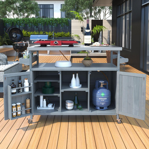 Outdoor Kitchen Island, Rolling Bar Cart & Storage Cabinet, Farmhouse Solid Wood Outdoor Grill Table with Stainless Steel Top, Spice Rack , Towel Rack for Kitchen & BBQ , Grey Blue - DTYStore