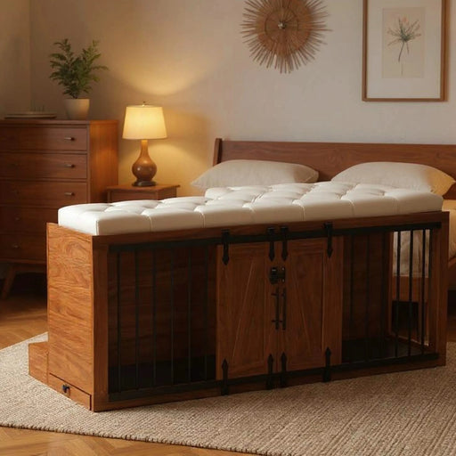 56'L, Furniture Style 2 in 1 Dog Crate with Padded Seat, Sliding Barn Door, Luxury Wooden Dog Kennel, End of Bed Bench Ottoman with Removable Cushion for Bedroom, Living Room, Walnut Default -DTYStore