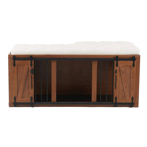 56'L, Furniture Style 2 in 1 Dog Crate with Padded Seat, Sliding Barn Door, Luxury Wooden Dog Kennel, End of Bed Bench Ottoman with Removable Cushion for Bedroom, Living Room, Walnut Default -DTYStore