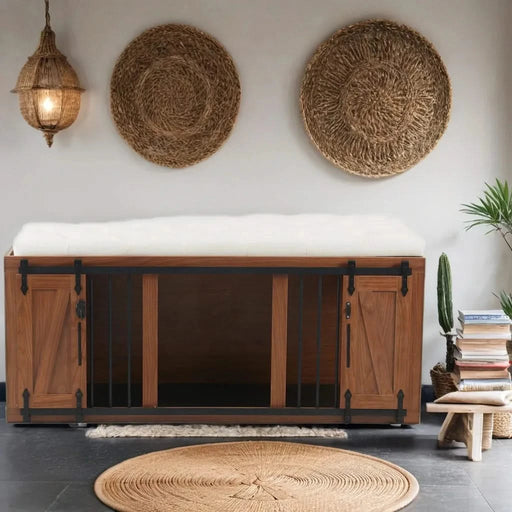 56'L, Furniture Style 2 in 1 Dog Crate with Padded Seat, Sliding Barn Door, Luxury Wooden Dog Kennel, End of Bed Bench Ottoman with Removable Cushion for Bedroom, Living Room, Walnut Default -DTYStore