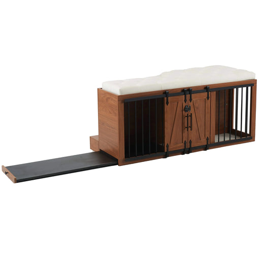 56'L, Furniture Style 2 in 1 Dog Crate with Padded Seat, Sliding Barn Door, Luxury Wooden Dog Kennel, End of Bed Bench Ottoman with Removable Cushion for Bedroom, Living Room, Walnut Default -DTYStore