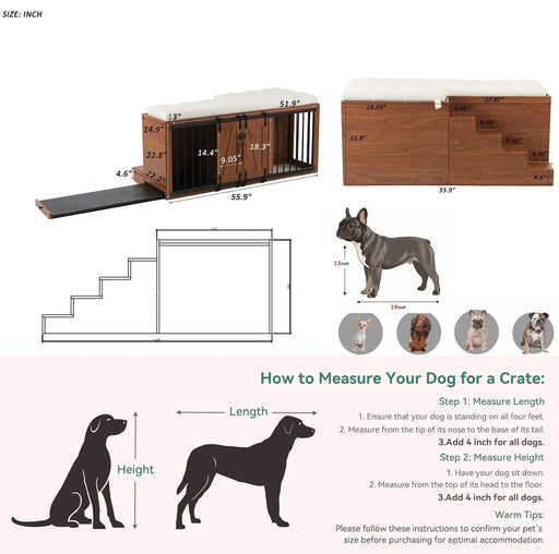 56'L, Furniture Style 2 in 1 Dog Crate with Padded Seat, Sliding Barn Door, Luxury Wooden Dog Kennel, End of Bed Bench Ottoman with Removable Cushion for Bedroom, Living Room, Walnut Default -DTYStore
