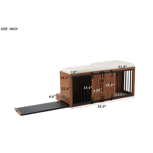 56'L, Furniture Style 2 in 1 Dog Crate with Padded Seat, Sliding Barn Door, Luxury Wooden Dog Kennel, End of Bed Bench Ottoman with Removable Cushion for Bedroom, Living Room, Walnut Default -DTYStore
