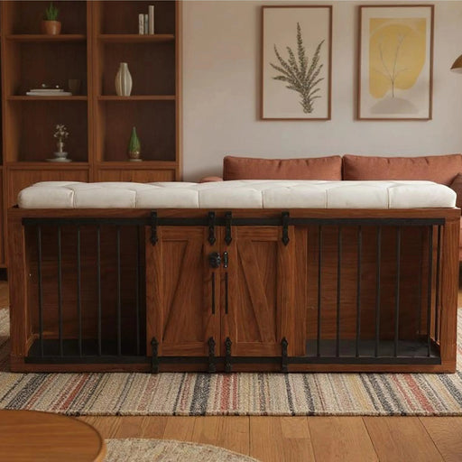 56'L, Furniture Style 2 in 1 Dog Crate with Padded Seat, Sliding Barn Door, Luxury Wooden Dog Kennel, End of Bed Bench Ottoman with Removable Cushion for Bedroom, Living Room, Walnut Default -DTYStore