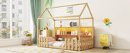 Twin Size House Bed with LED Light, Wood House Bed with Storage Bookshelf, Floor House Bed with Guardrails for Kids, Natural (Expect Arrival Date 2025/3/14) - DTYStore