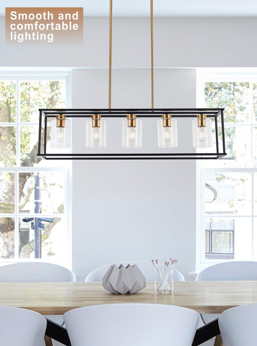 5-Lights Industrial Farmhouse Style Hanging Decorative Rectangle Pendant Lights, Black Antique Brass With Clear Glass Shade, Dining Room Kitchen Island Chandelier - DTYStore
