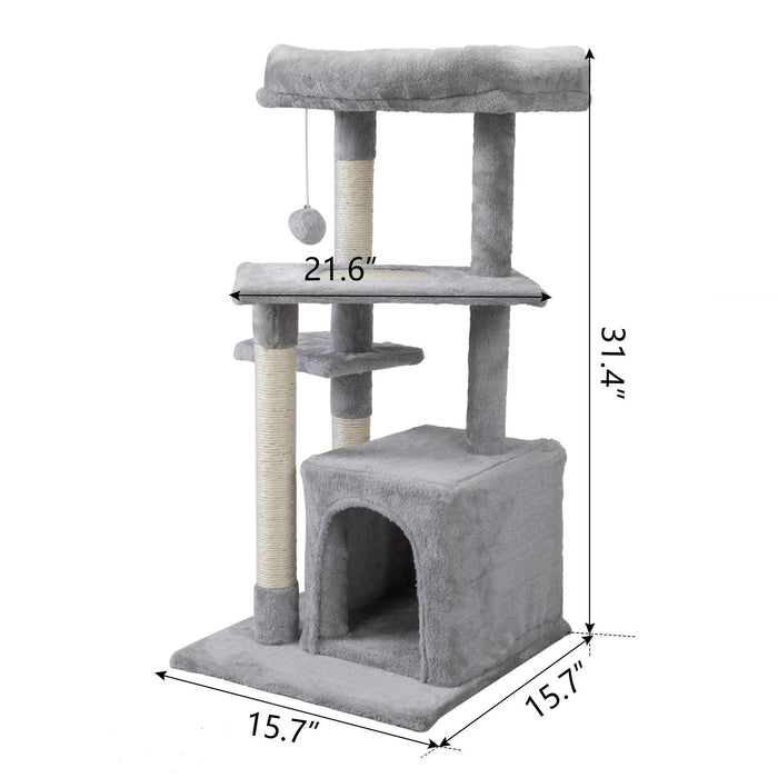 Double Level Cat Tree Stand House Furniture Kittens Activity Tower Posts Kitty Pet Play House - light gray - DTYStore