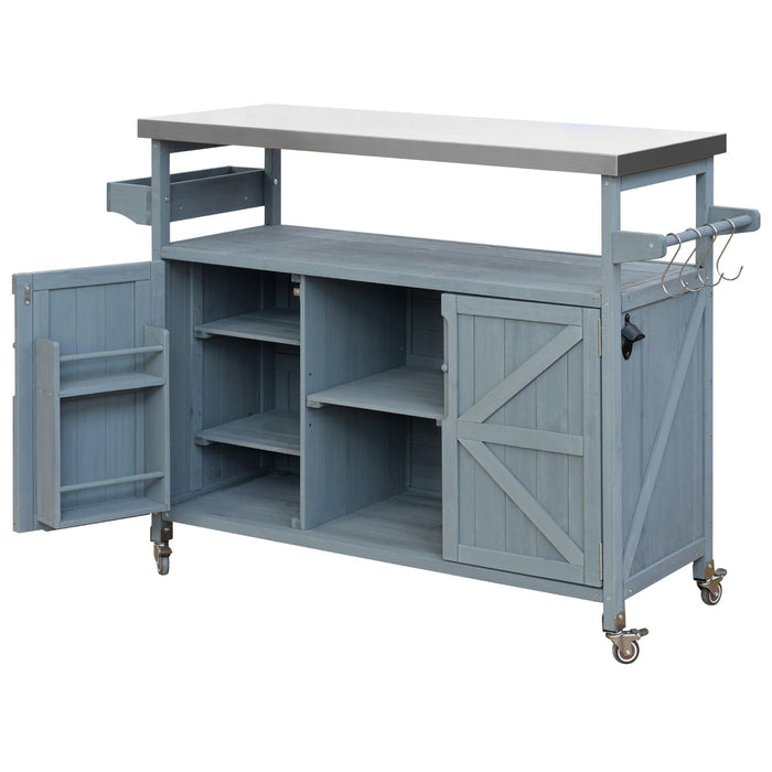 Outdoor Kitchen Island, Rolling Bar Cart & Storage Cabinet, Farmhouse Solid Wood Outdoor Grill Table with Stainless Steel Top, Spice Rack , Towel Rack for Kitchen & BBQ , Grey Blue - DTYStore