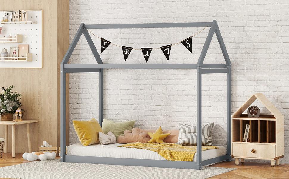 Twin Size Wooden House Bed, Gray - DTYStore