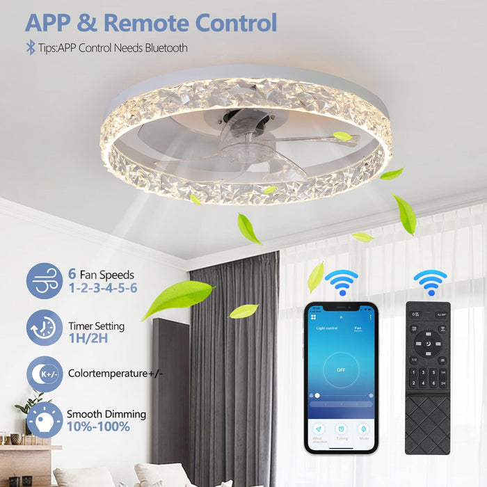Modern Acrylic Ceiling Fan Light with Remote Control, Dimmable LED Chandelier, 6-Speed Adjustable, Quiet Motor, Flush Mount Design for Living Room, Bedroom, Dining Room - DTYStore