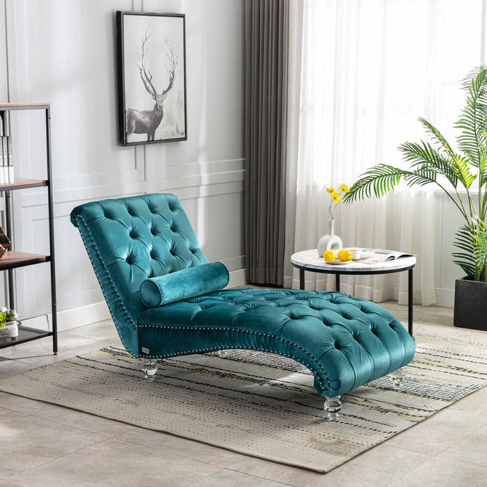 COOMORE Velvet Chaise Lounge Indoor,Button-Tufted Upholstered Chaise Lounge Chair with Pillow for Bedroom Living Room Office (Teal Velvet) - DTYStore