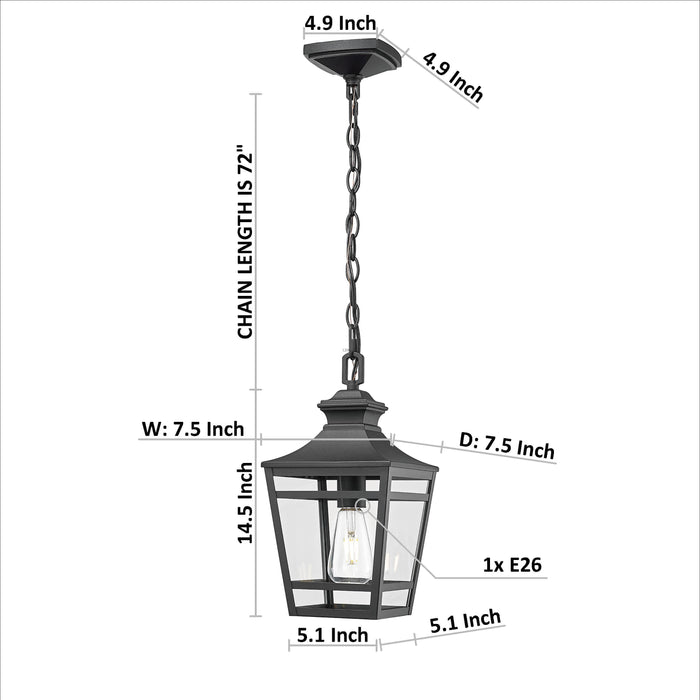 Outdoor Pendant Light E26 Socket, 14.5'' Modern Exterior Hanging Light Fixture with Clear Glass, Farmhouse Black Metal Outside Chandelier for Patio Front Porch Foyer Entryway (1 pack)