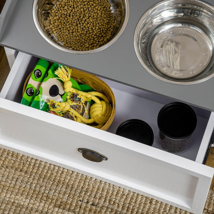 Dog Feeding Station with Storage Drawer, Dog Food Storage Cabinet with 2 Removable Elevated Dog Bowls for Large Sized Dogs, White - DTYStore