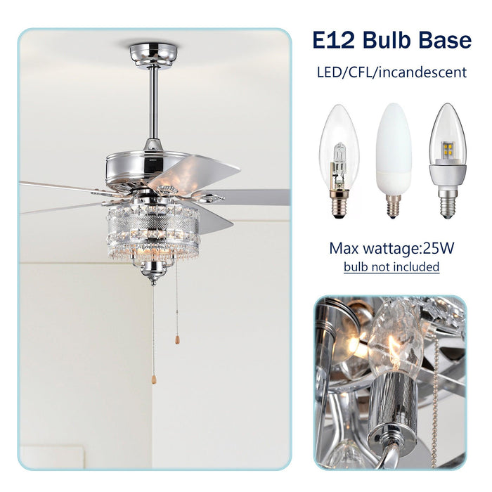 52'' Classical Crystal Ceiling Fan Lamp 5 Reversible Blades for Living Room, Dining Room, Bedroom, Family Room, Chrome (Hand Pull Chain) - DTYStore