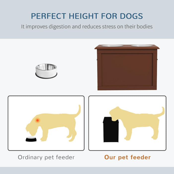 Raised Pet Feeding Storage Station with 2 Stainless Steel Bowls Base for Large Dogs and Other Large Pets, Brown - DTYStore