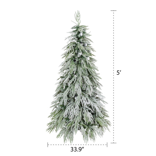 5FT Pre-Lit Spruce Snow Flocked Christmas Tree with LED Lights, Artificial Hinged Xmas Tree in White+Green, Made of PE and PVC, 59 Inches Tall - Image 3