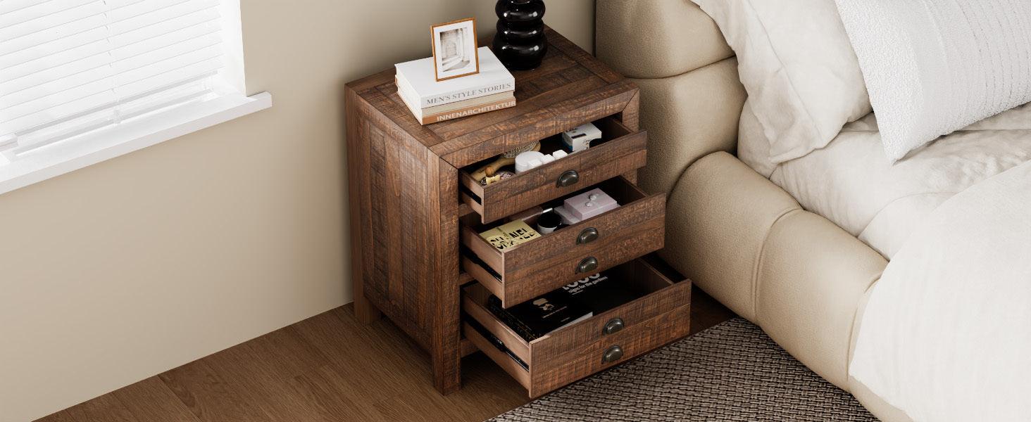 Rustic Farmhouse Style Three-Drawer Solid Pine Wood Nightstand with Cup Pulls and Integrated Charge Station - DTYStore